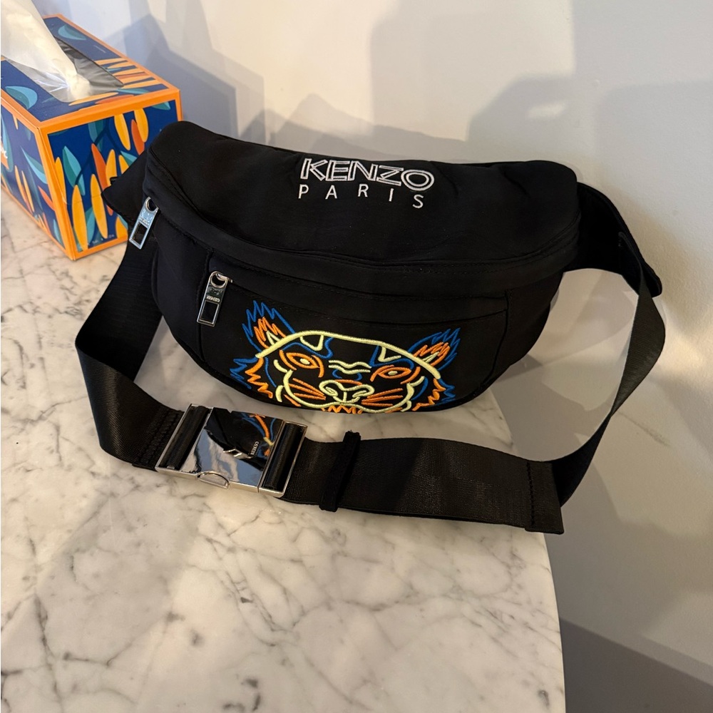 Kenzo Black Belt Bag with Multicolor Embroidered Tiger